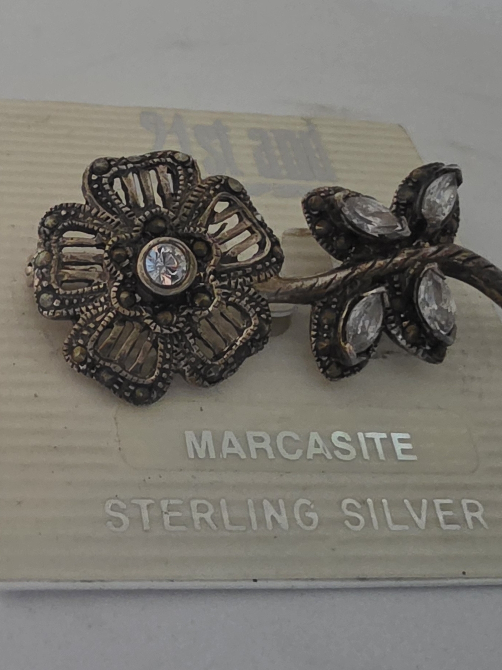 Marcasite Floral Sterling Silver Brooch in Antique Gold Tone with Clear Stones
